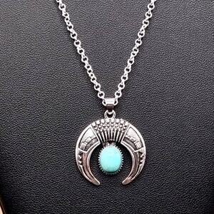 925 Silver Necklace w/ Turquoise Crescent Moon Pendant Women's Vintage Boho Gift